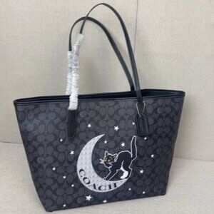 Coach City Tote Signature Canvas With Halloween Cat Graphic Black